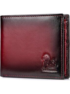 Slim Bifold Cowhide Leather Wallet with RFID, 10 Card Slots, Zipper Pocket, Red